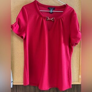 Love Ryan Red Short Sleeve Top with Gold Bar Detail 1X